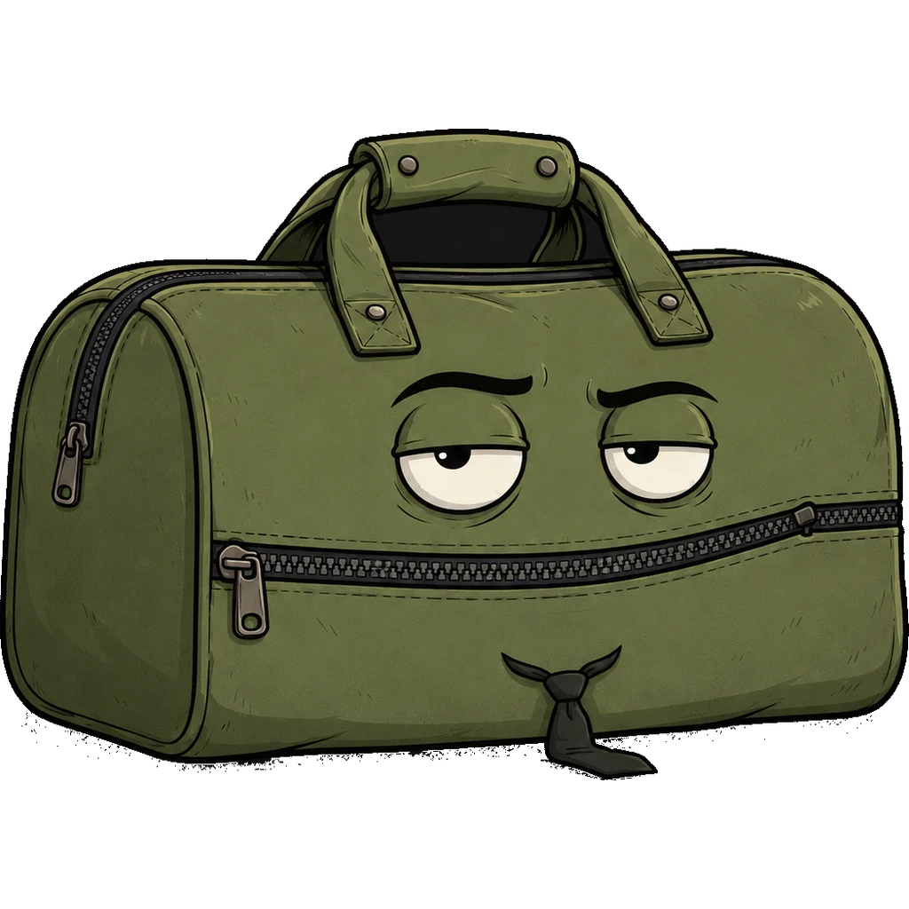 Baggy, a tired olive duffel bag with a loosened tie, unimpressed