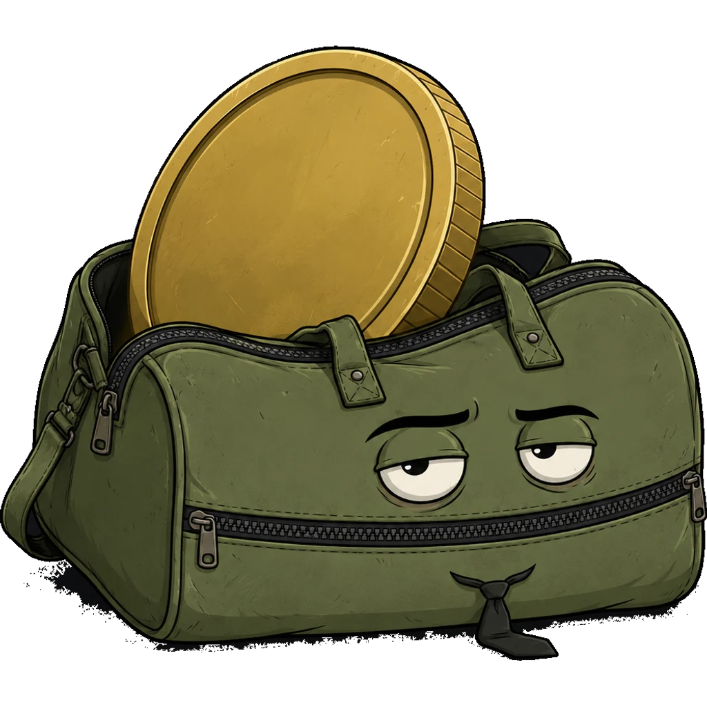 Baggy with one giant gold coin sticking out of the bag