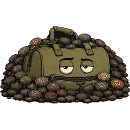 Baggy, a worn olive duffel with a zipper mouth and a crooked tie, buried in tiny coins