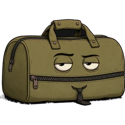 Baggy, a worn olive duffel with a zipper mouth and a crooked tie, slumped, drained