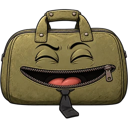 Baggy, a worn olive duffel with a zipper mouth and a crooked tie, laughing, caught off guard