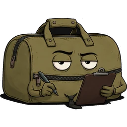 Baggy, a worn olive duffel with a zipper mouth and a crooked tie, reading receipts, focused