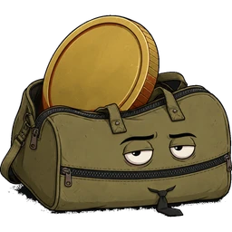 Baggy, a worn olive duffel with a zipper mouth and a crooked tie, arms crossed, all-in stare