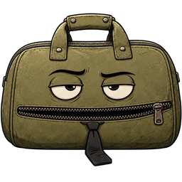 Baggy, a worn olive duffel with a zipper mouth and a crooked tie, narrowed eyes, unconvinced