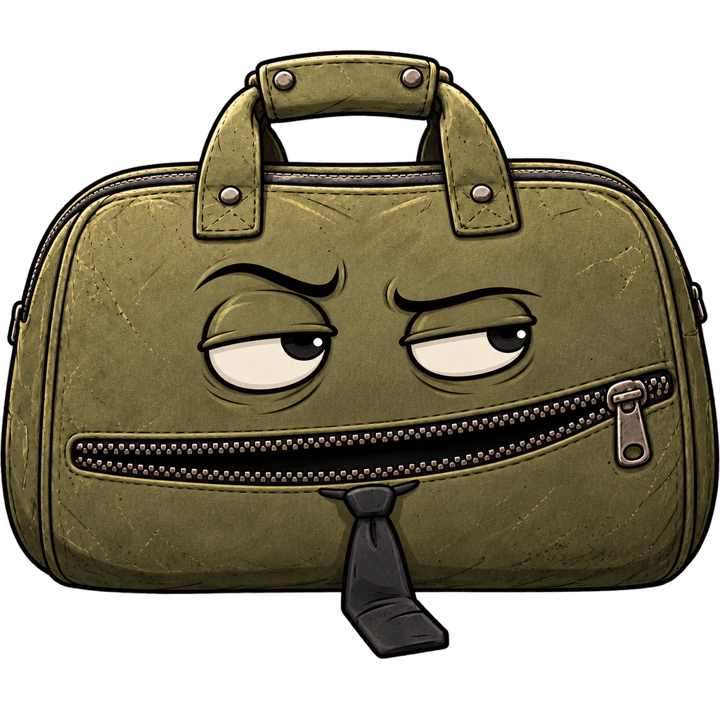 Baggy, a worn olive duffel with a zipper mouth and a crooked tie, side-eye, unimpressed