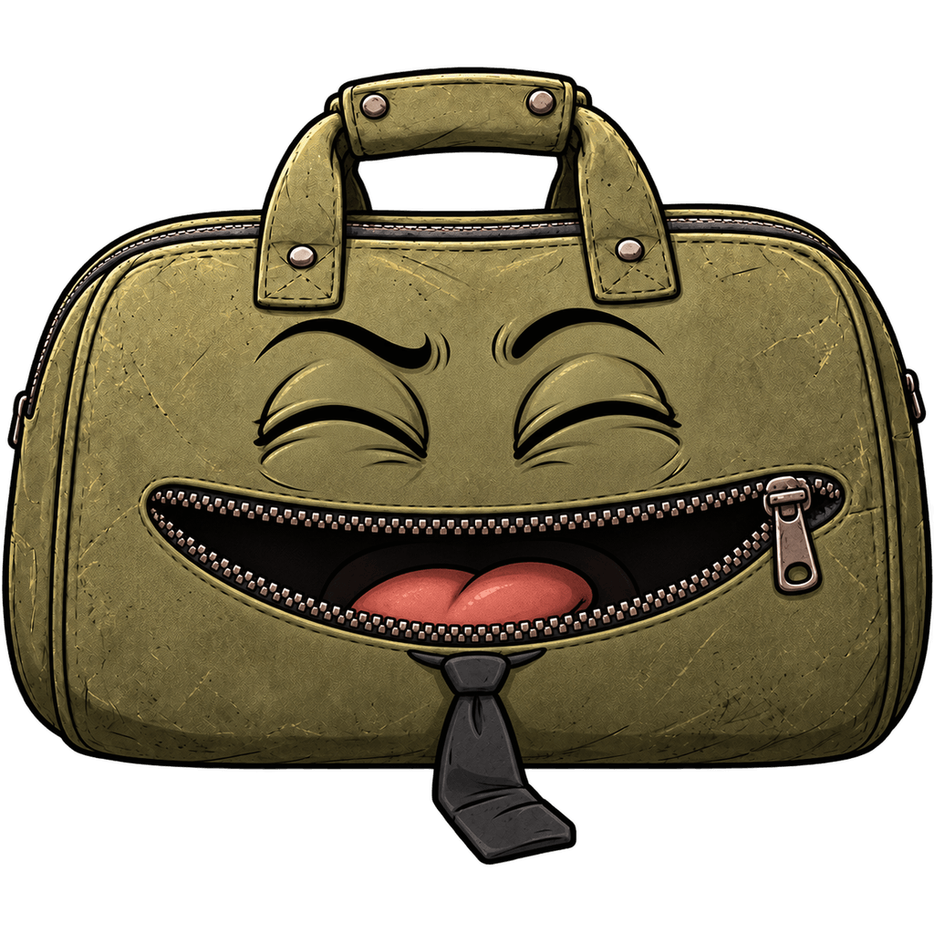 Baggy, a worn olive duffel with a zipper mouth and a crooked tie, laughing, caught off guard