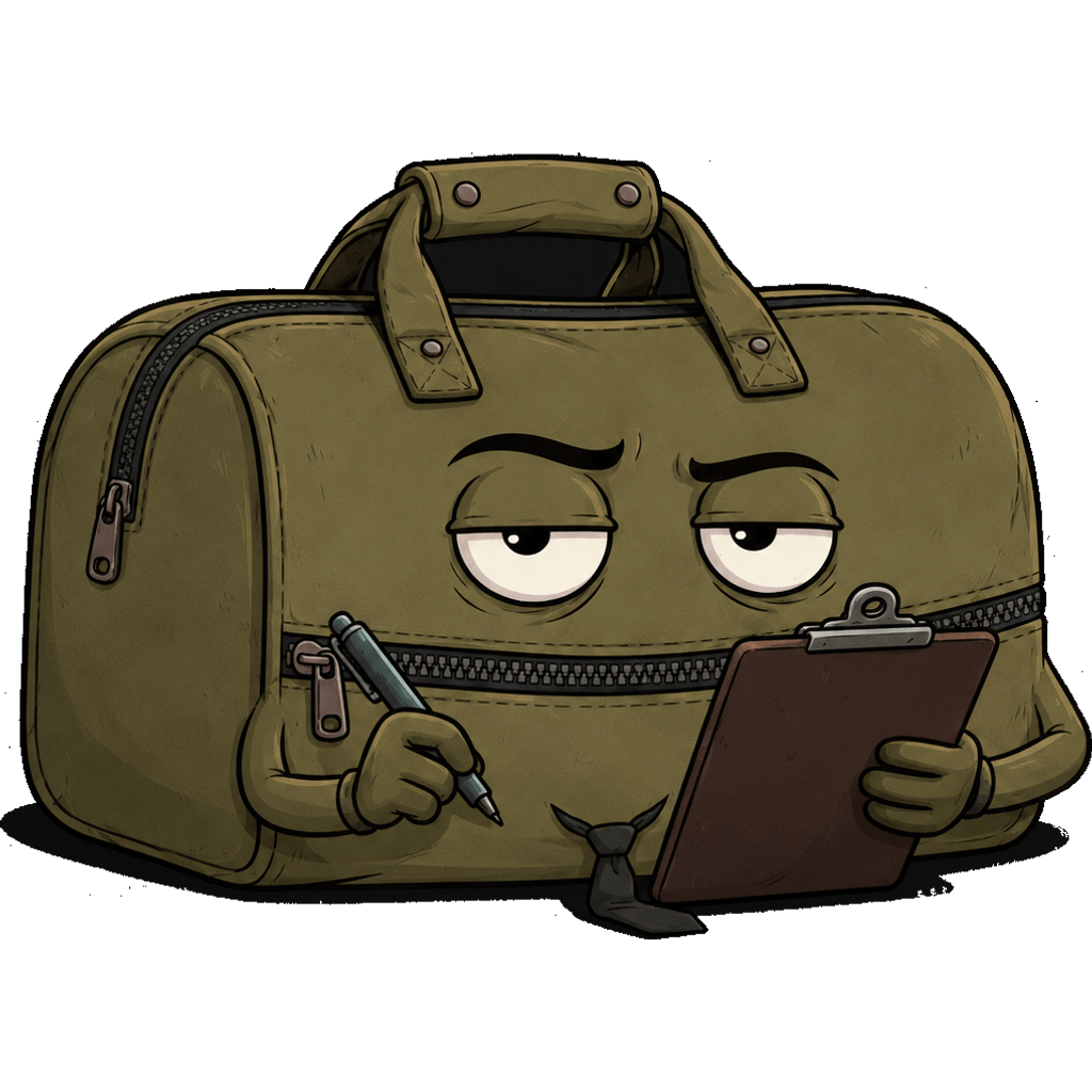 Baggy, a worn olive duffel with a zipper mouth and a crooked tie, reading receipts, focused