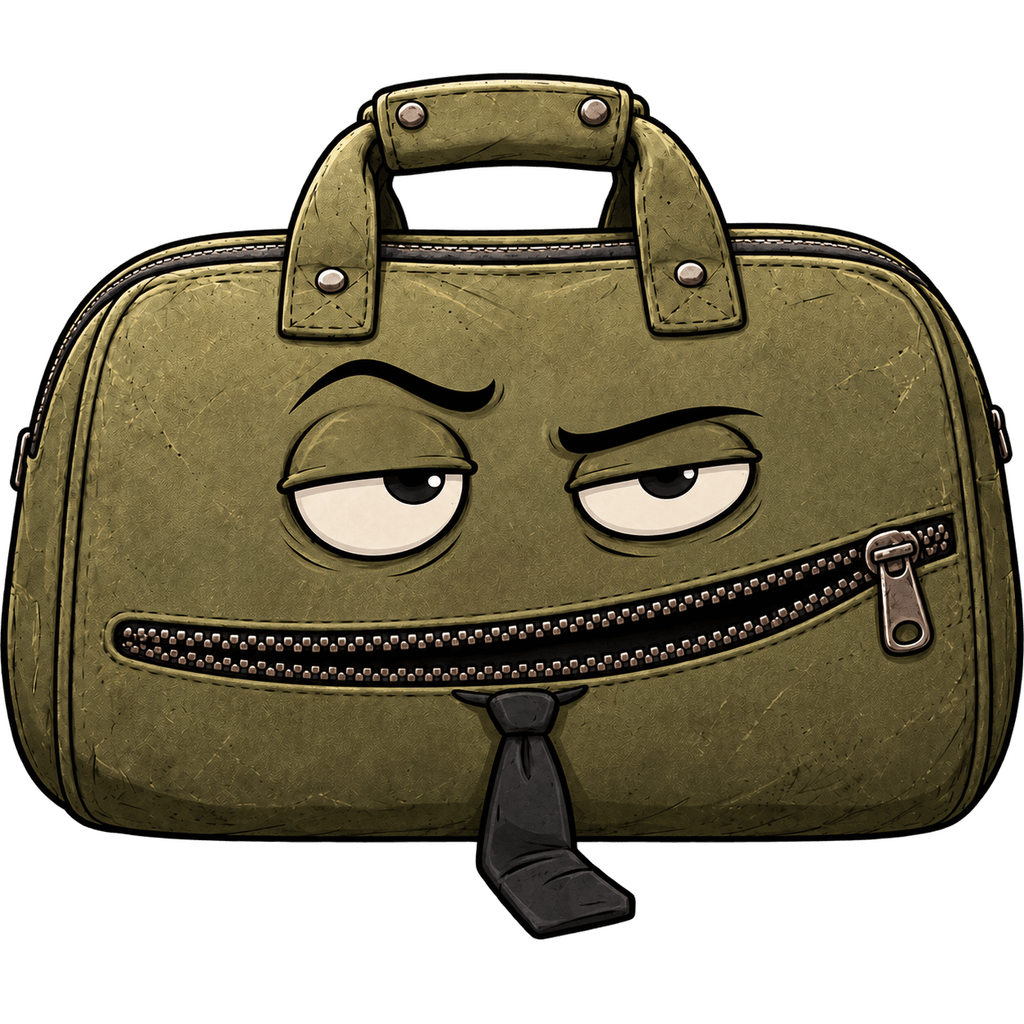 Baggy, a worn olive duffel with a zipper mouth and a crooked tie, smirking despite himself