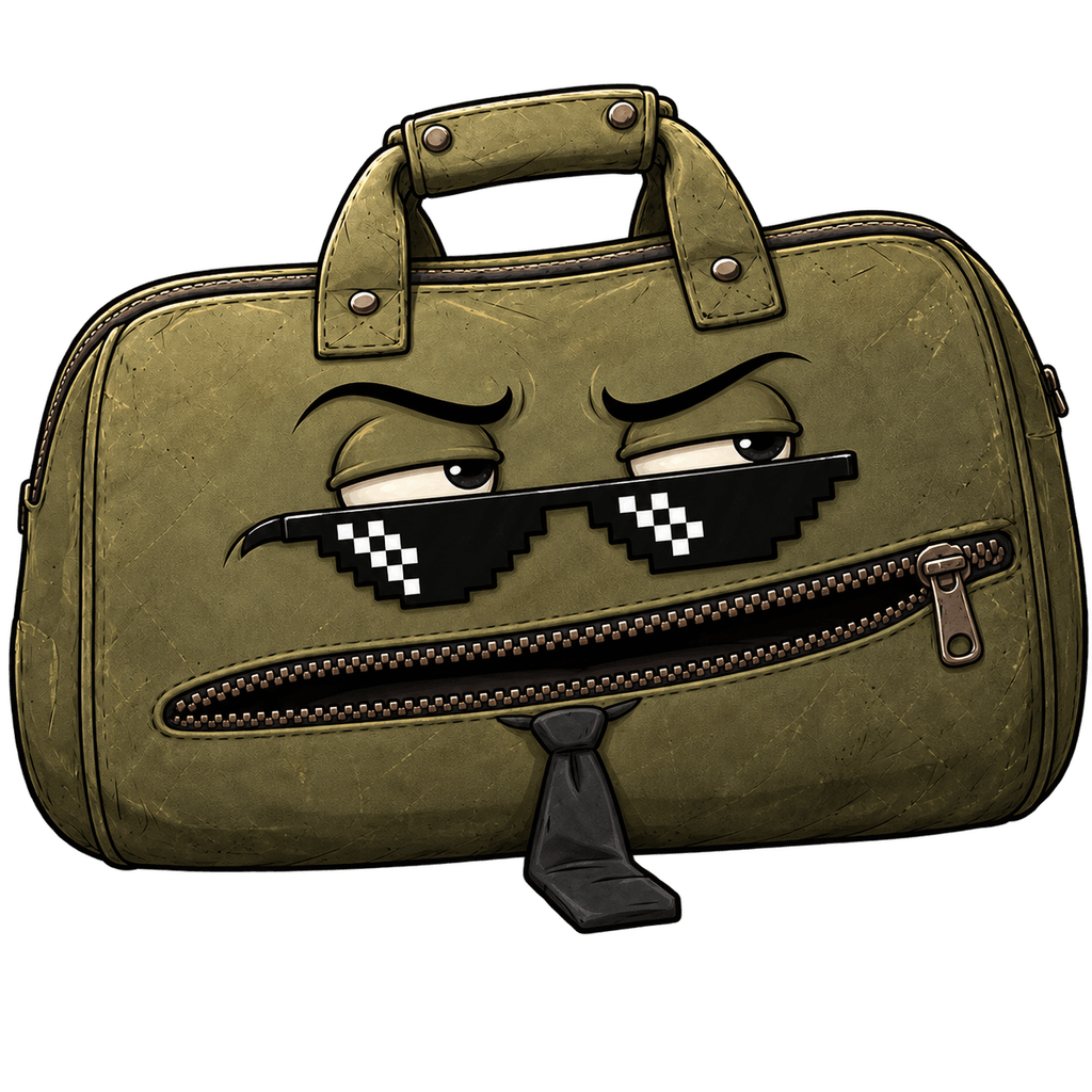 Baggy, a worn olive duffel with a zipper mouth and a crooked tie, pixel shades on, cool