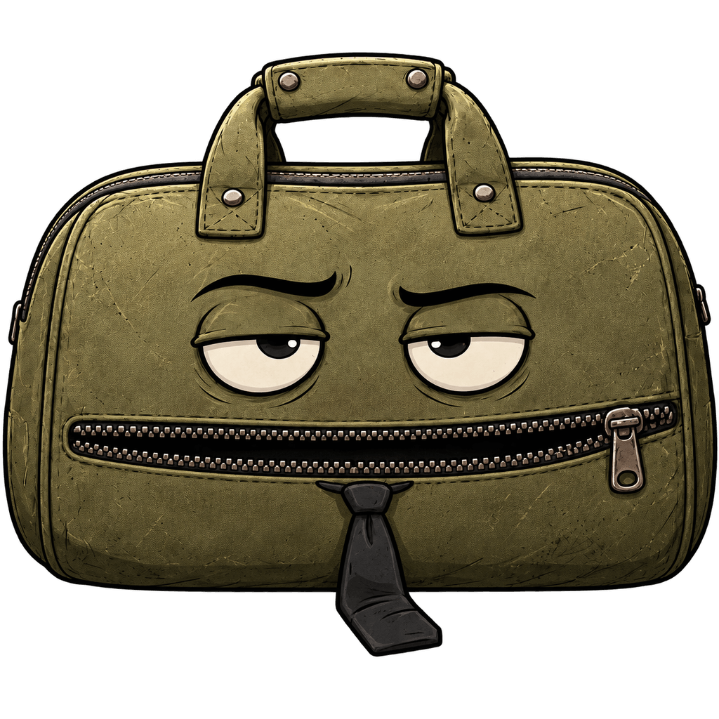 Baggy, a worn olive duffel with a zipper mouth and a crooked tie, narrowed eyes, unconvinced
